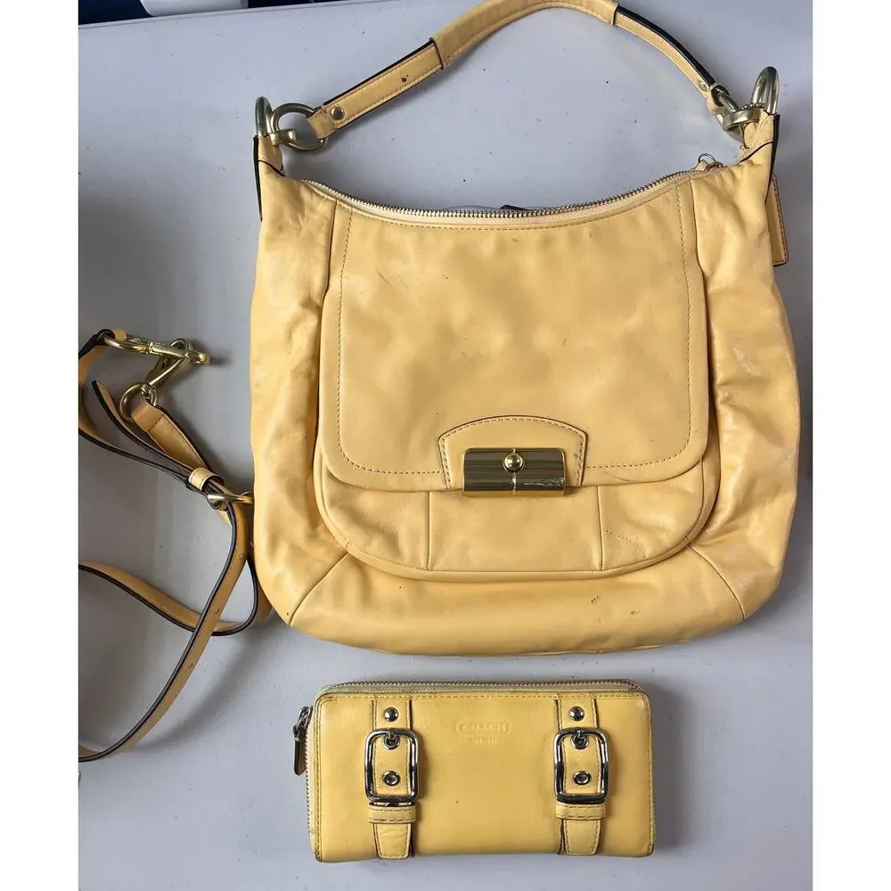 Coach Kristin Yellow Leather Hobo Shoulder Bag Crossbody Purse & Wallet Set